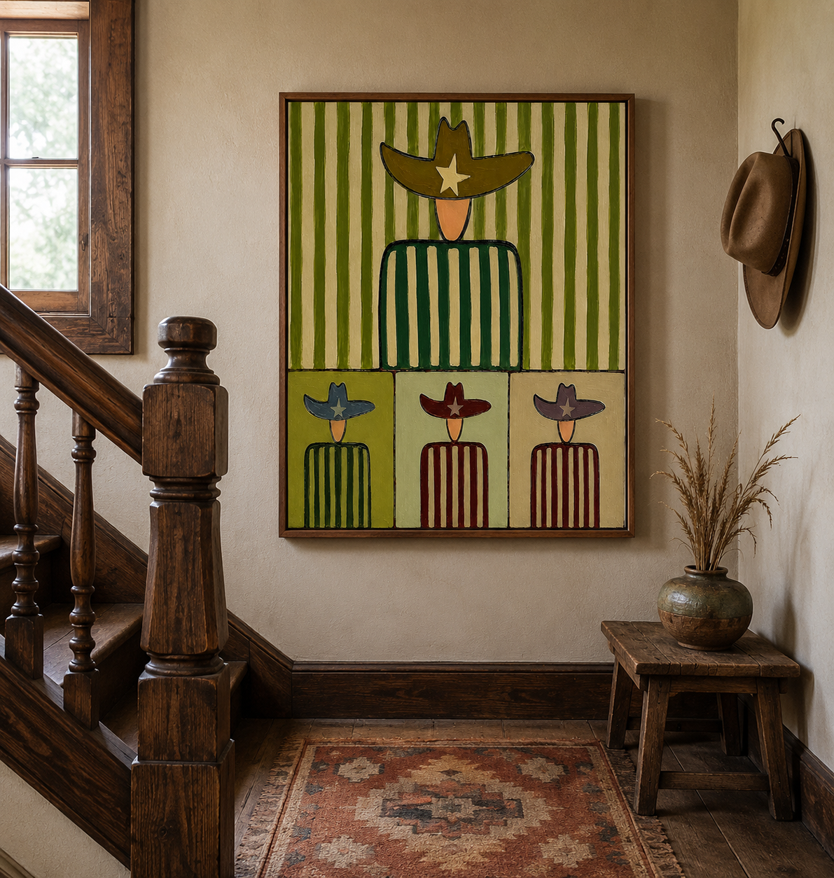 Mid Century Modern Abstract Cowboy Painting With Striped Patterns For Retro Home Decor