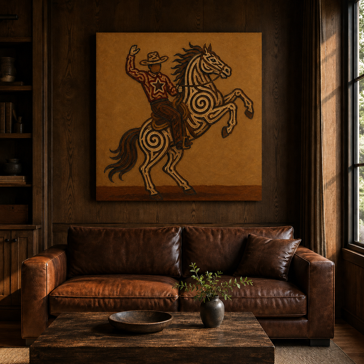 Rearing Horse And Cowboy Art, Wild West Cowboy Riding Painting, Bucking Horse Wall Decor, Dynamic Western Canvas