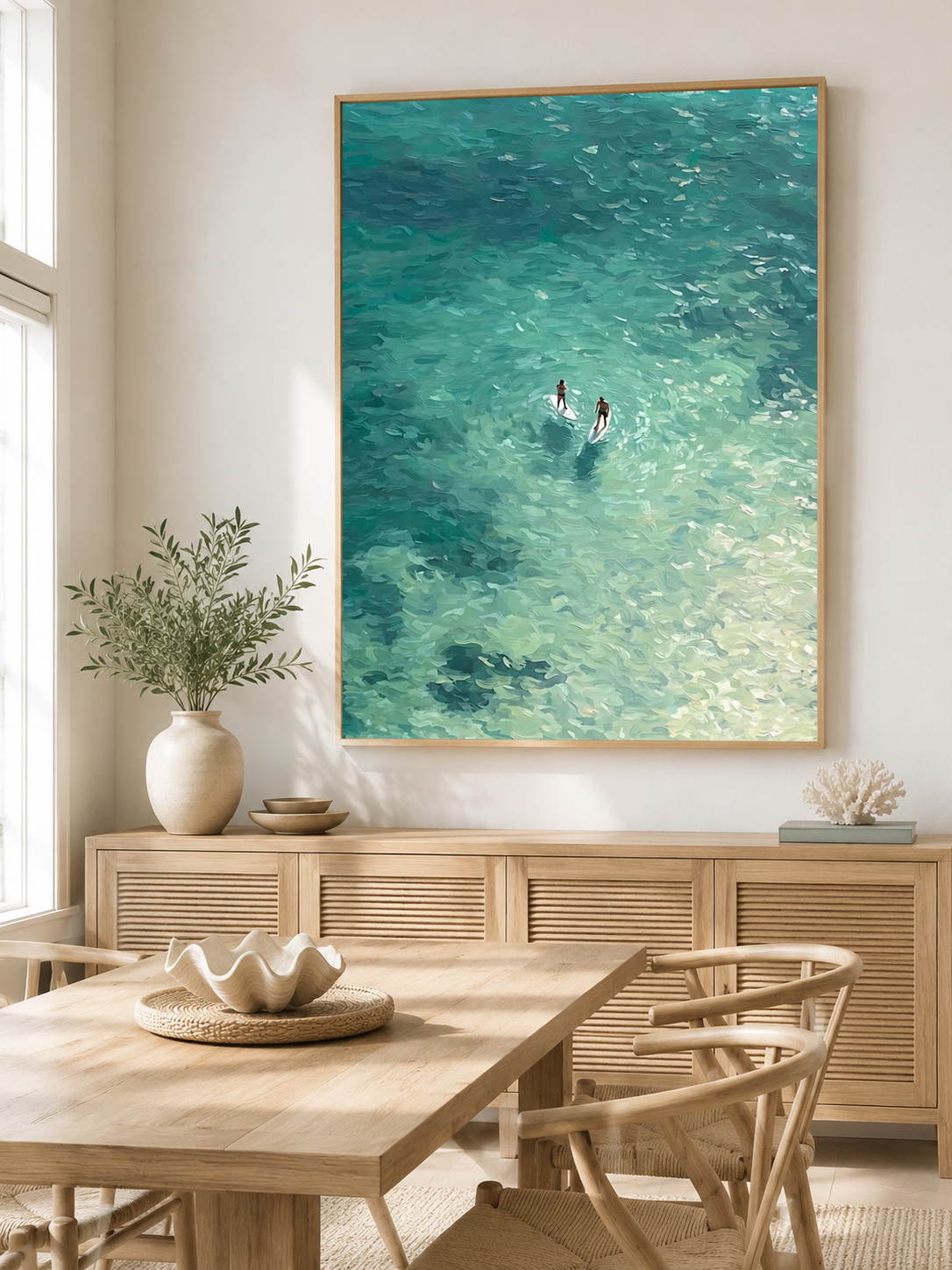 Turquoise Paddleboard Oil Painting For Beach House Living Room Wall Art Decor