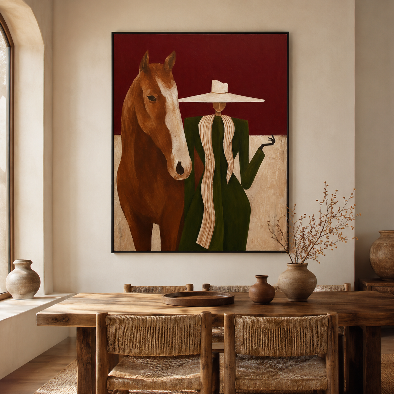 Lady In Wide Brim Hat With Horse Original Oil Painting Abstract Animal Decor