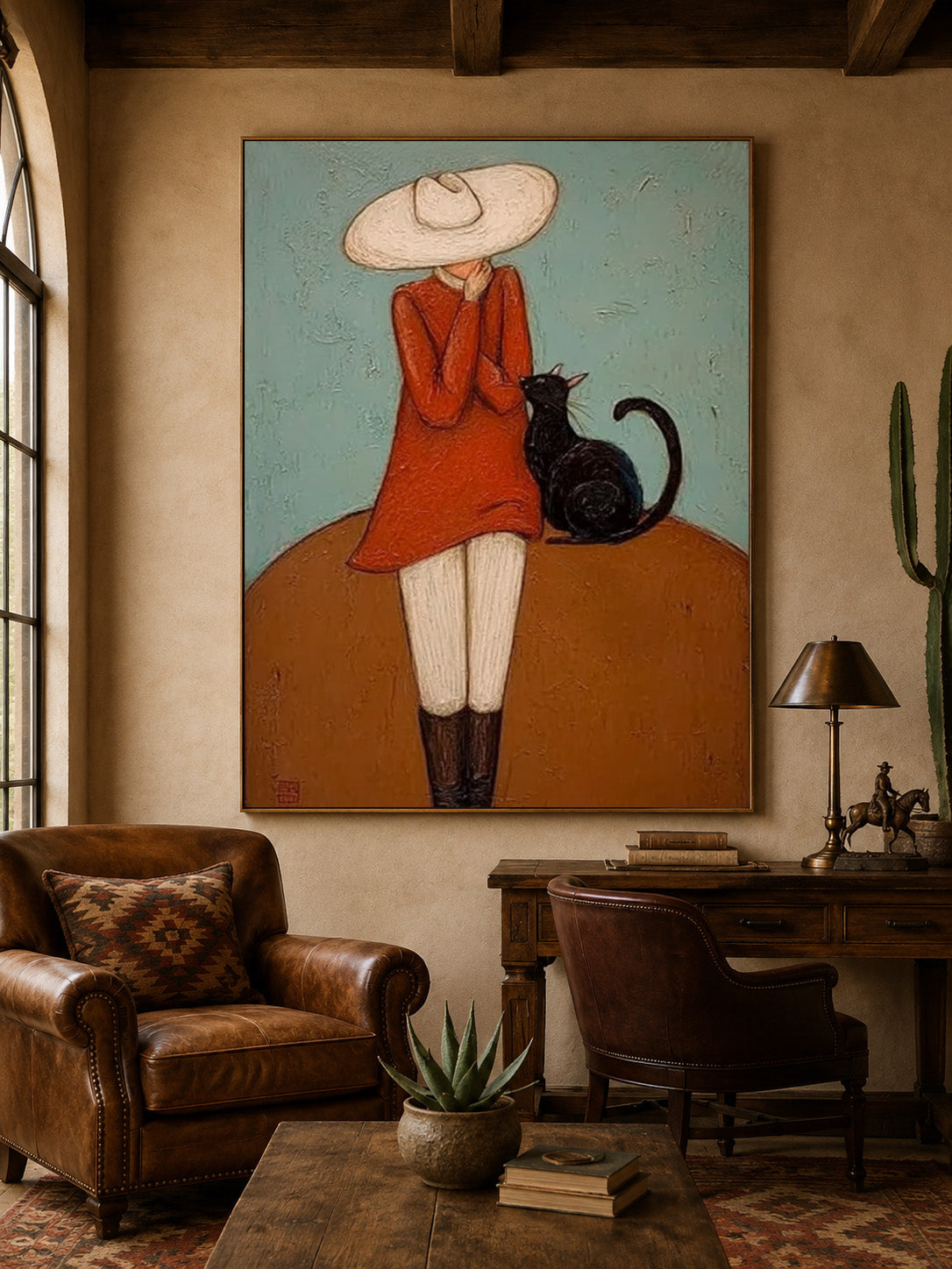 Vintage Lady With Black Cat Painting Textured Wabi Sabi Wall Art For Living Room Decor