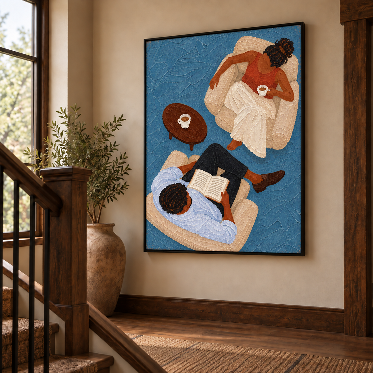 Couple Reading With Coffee Hand-Painted Canvas Art In Blue And Brown Tones