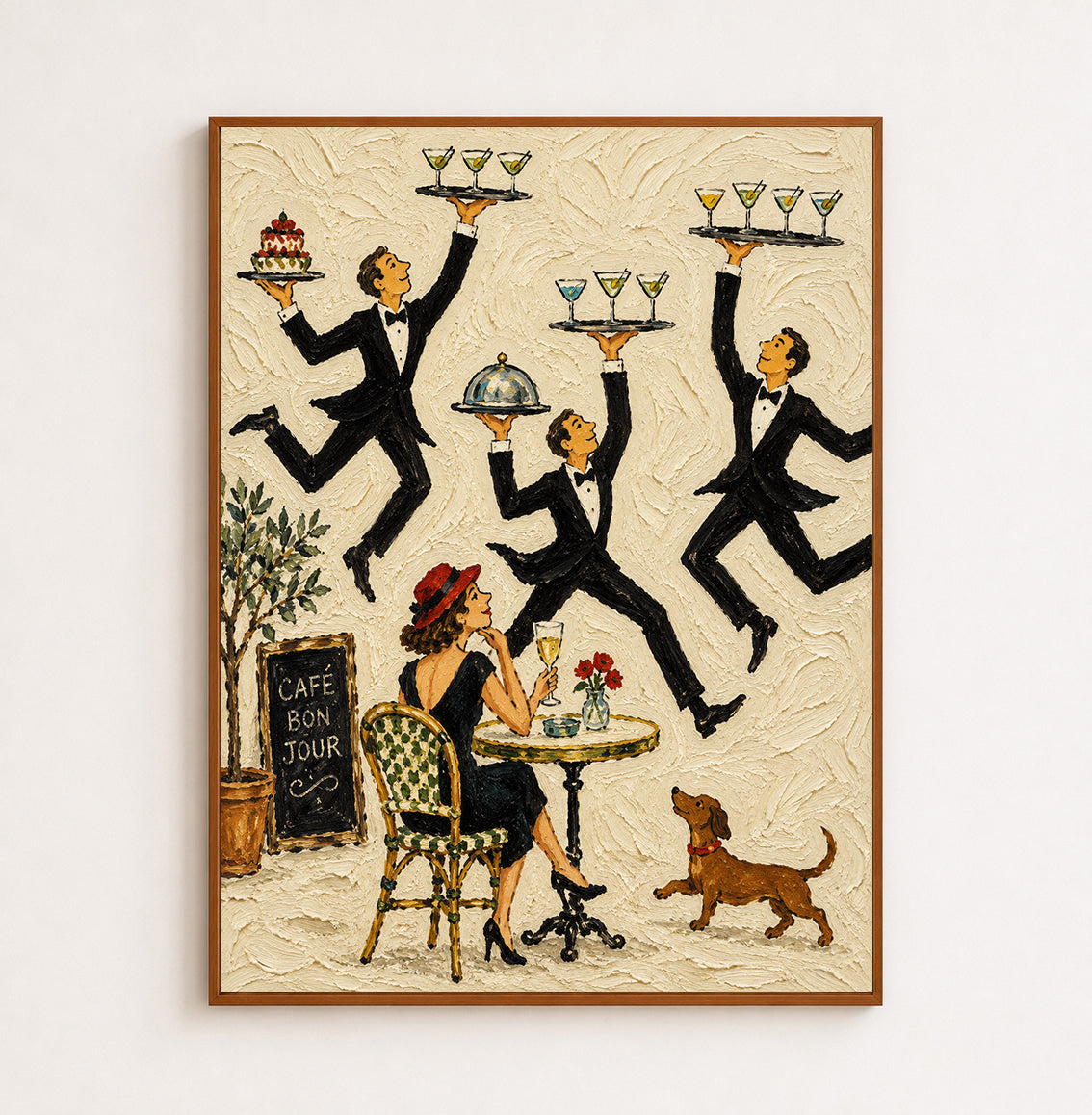 Vintage French Café Waiter Painting Hand-Painted Canvas Art For Dining Room