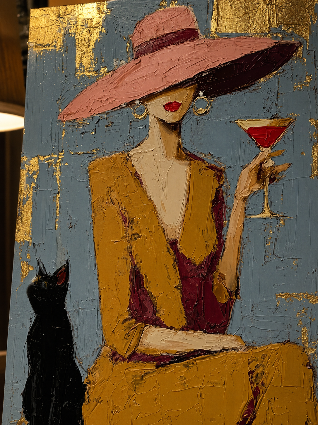 Elegant Lady With Black Cat Gold Foil Oil Painting For Bar Decor
