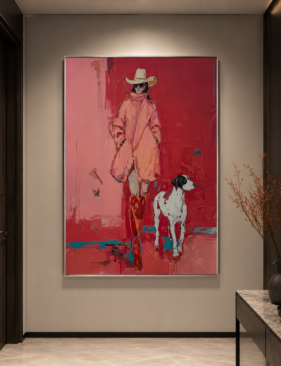 Bold Red Fashion Figure With Dog Original Oil Painting For Modern Home Decor