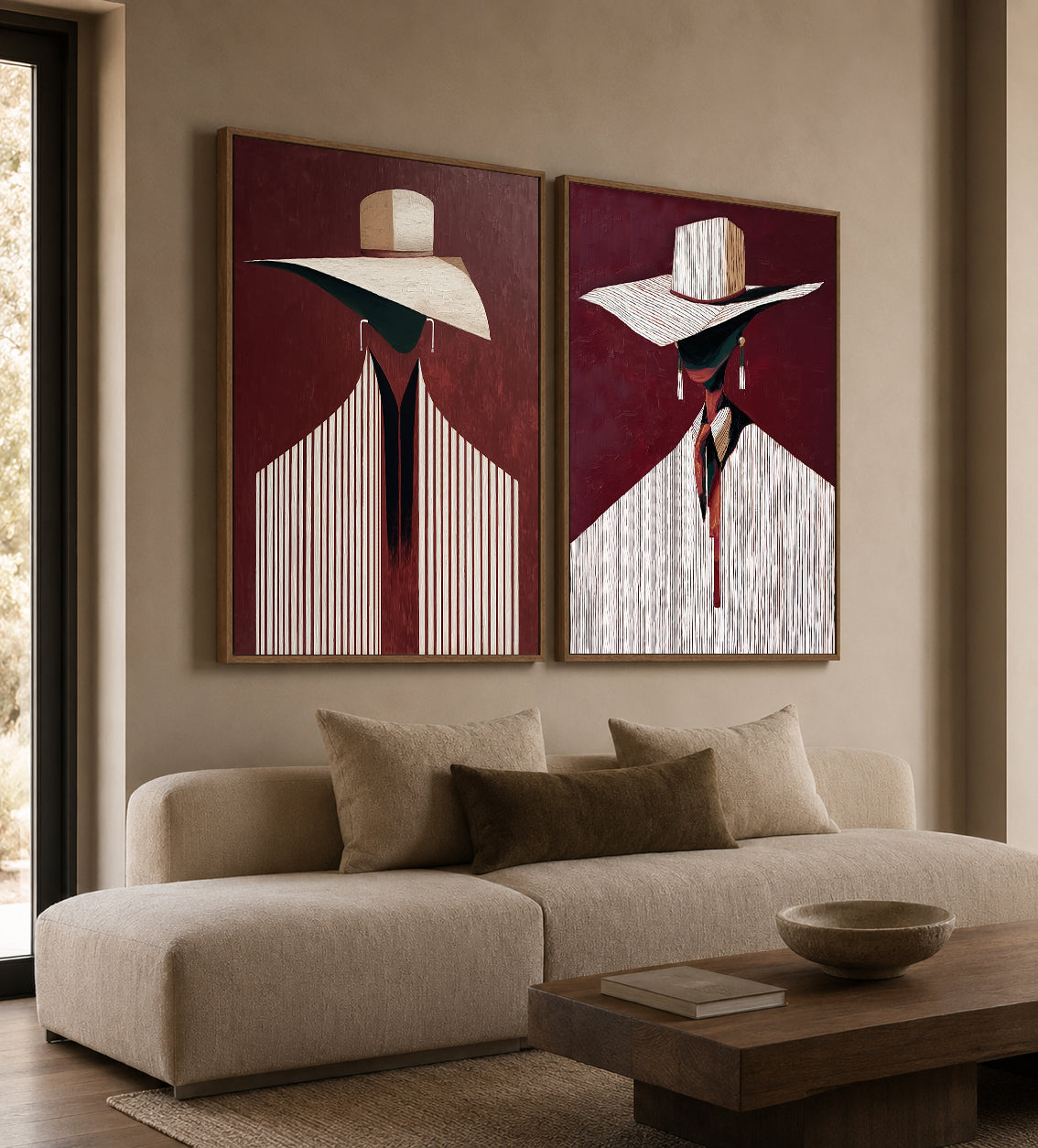 Modern Abstract Figure Painting With Hats Deep Red Background Diptych For Hallway
