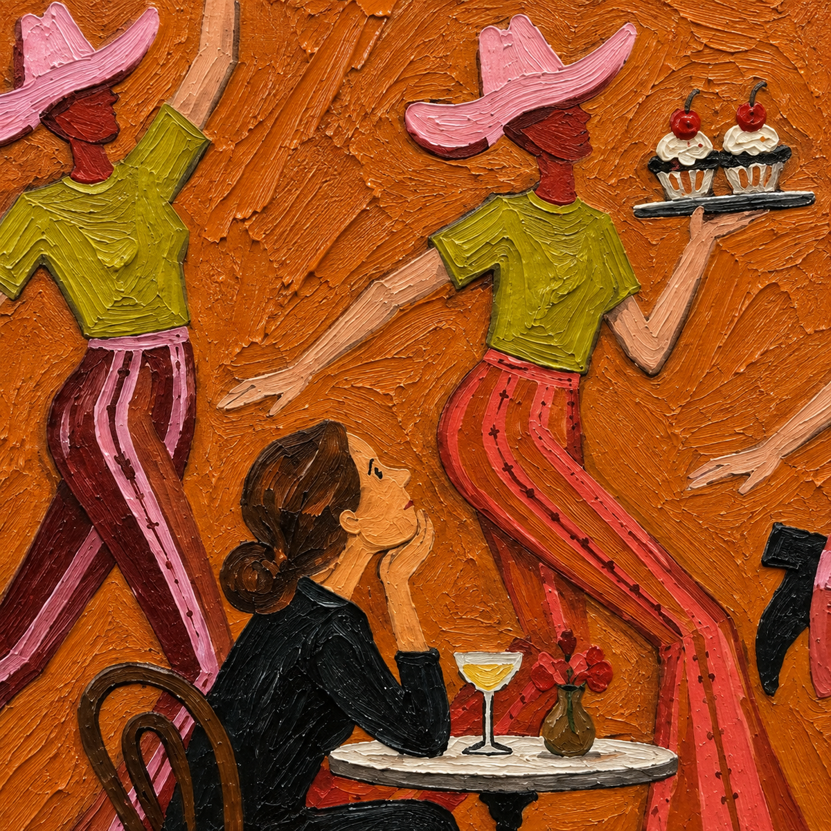 Narrative Western Cafe Canvas Art, Whimsical Cowgirl Dancing Canvas Painting, Retro Diner Wall Decor,