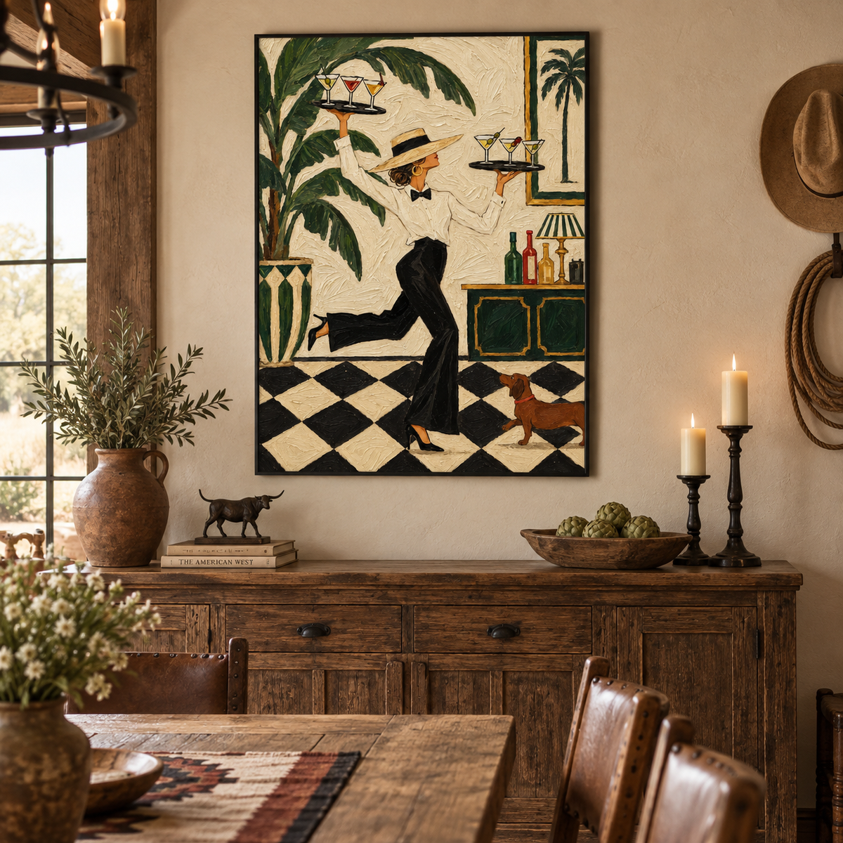 Vintage Waitress With Cocktails Art Deco Canvas Painting For Home Bar Decor