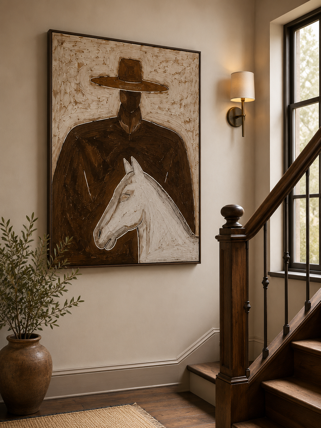 Modern Wabi Sabi Painting Of Man With Horse Brown Minimalist Wall Art