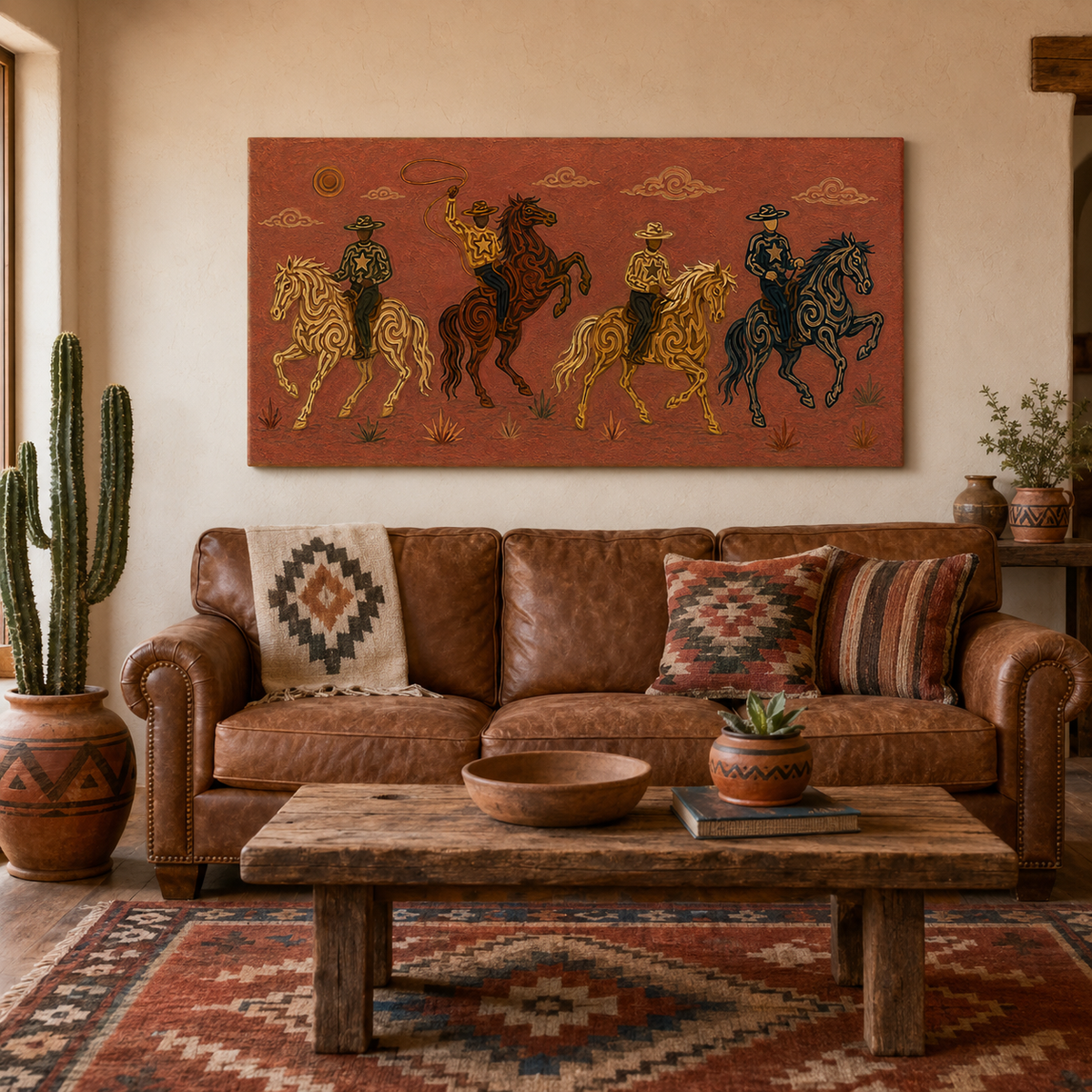 Panoramic Rodeo Cowboy Painting, Lasso Horse Riders, Southwestern Western Ranch Art