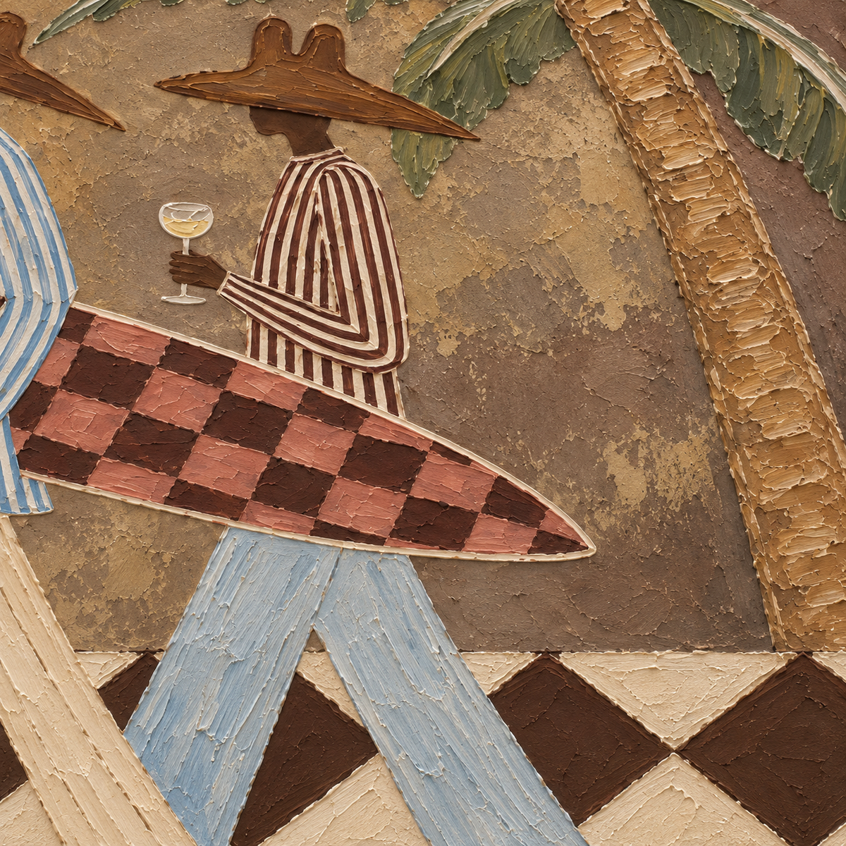 Vintage Cowboy Surf Art Hand-Painted Canvas With Palm Tree And Checkered Board