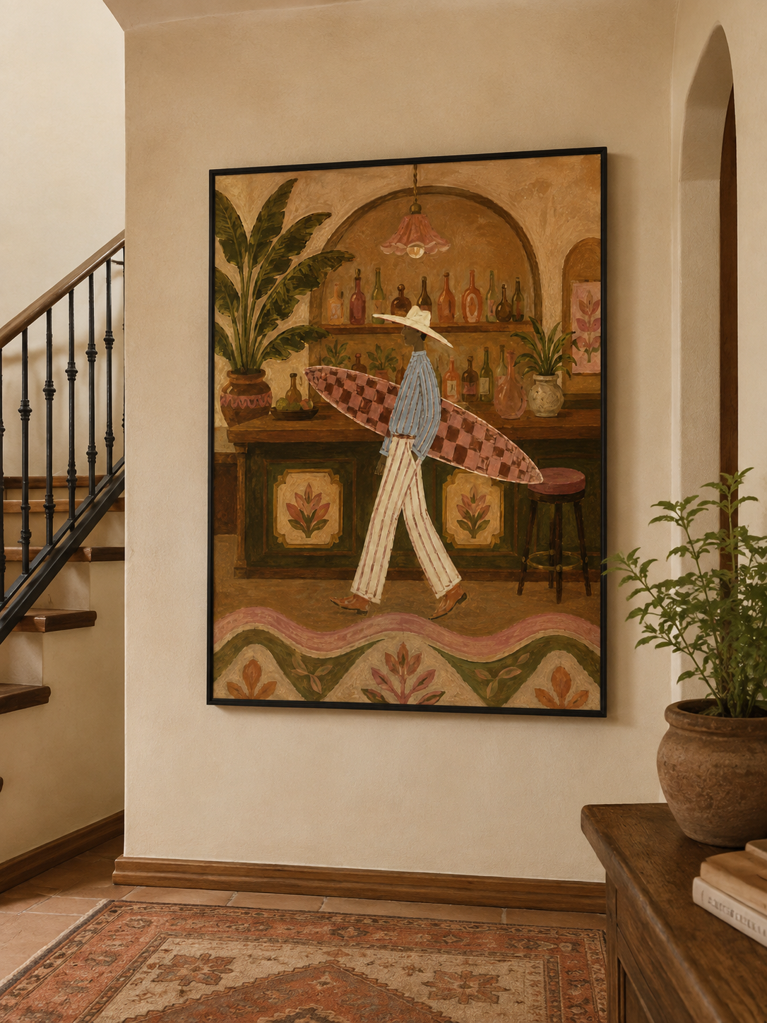 Retro Surfer Woman Painting, Coastal Bar Art, Vintage Resort Wall Decor Surfboard Wall Art