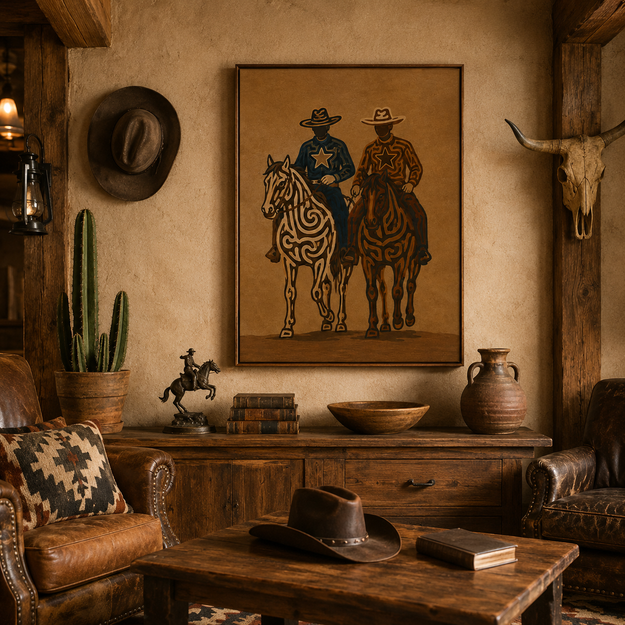 Two Cowboys Horse Painting, Western Riders Wall Art, Rustic Southwestern Ranch Decor