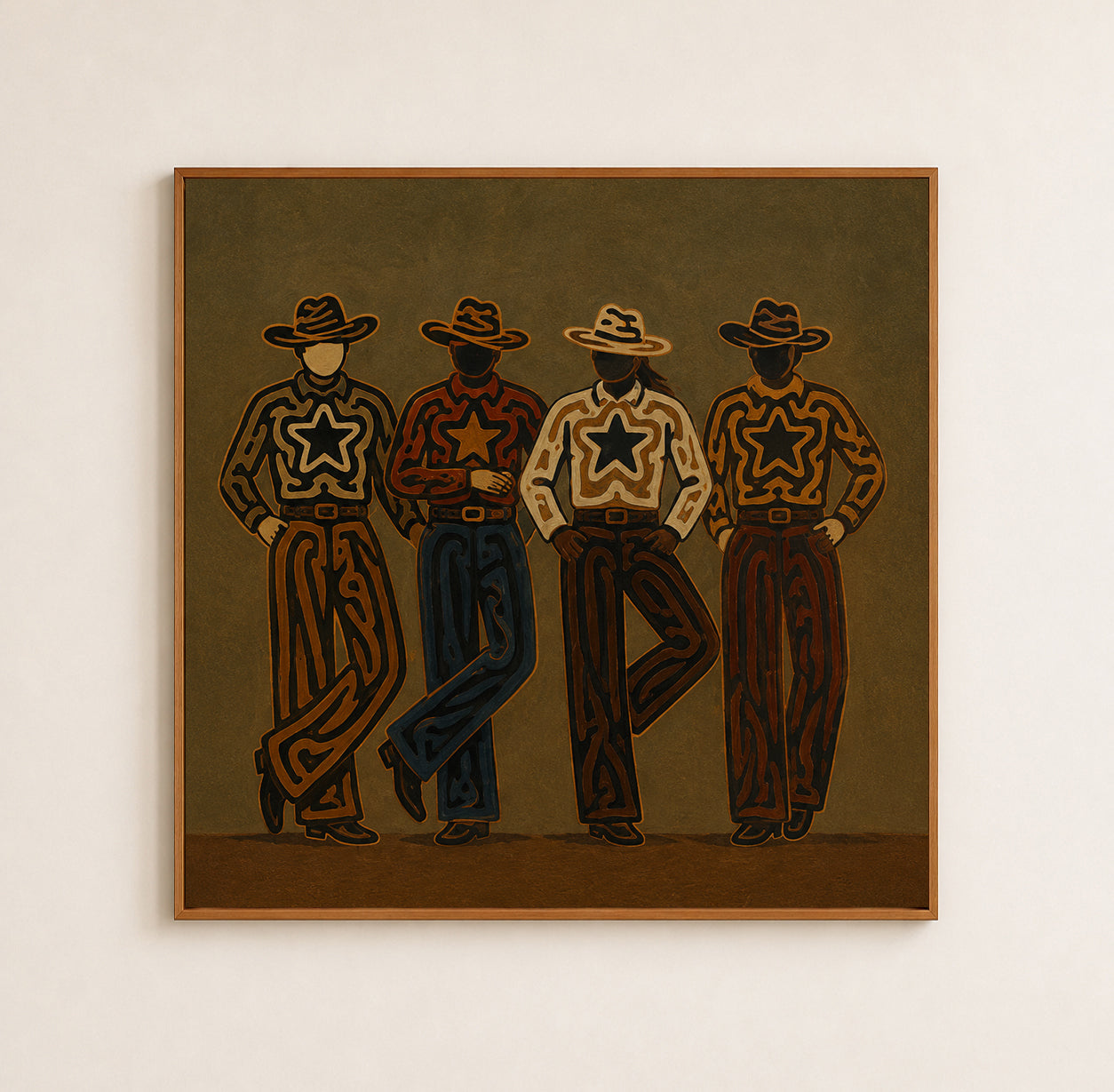 Four Cowboys Painting, Western Folk Art, Rustic Ranch Portrait Wall Decor For Living Room Decor