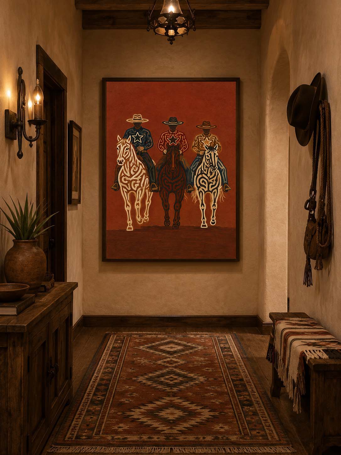 Vintage Three Cowboys Horse Painting, Western Ranch Riders, Rustic Southwestern Wall Art