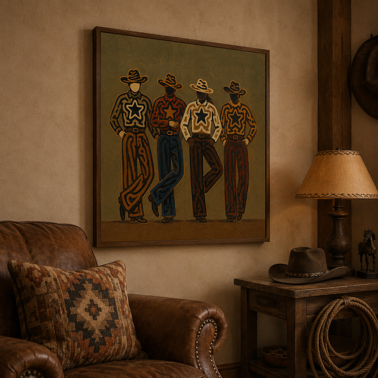 Four Cowboys Painting, Western Folk Art, Rustic Ranch Portrait Wall Decor For Living Room Decor