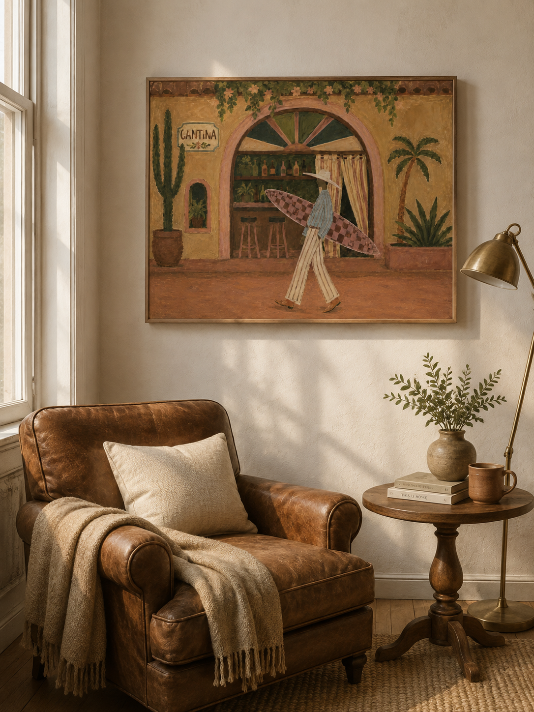 Retro Surfer Cantina Painting For Beach House Decor Cantina Wall Art, Western Coastal Surf Decor
