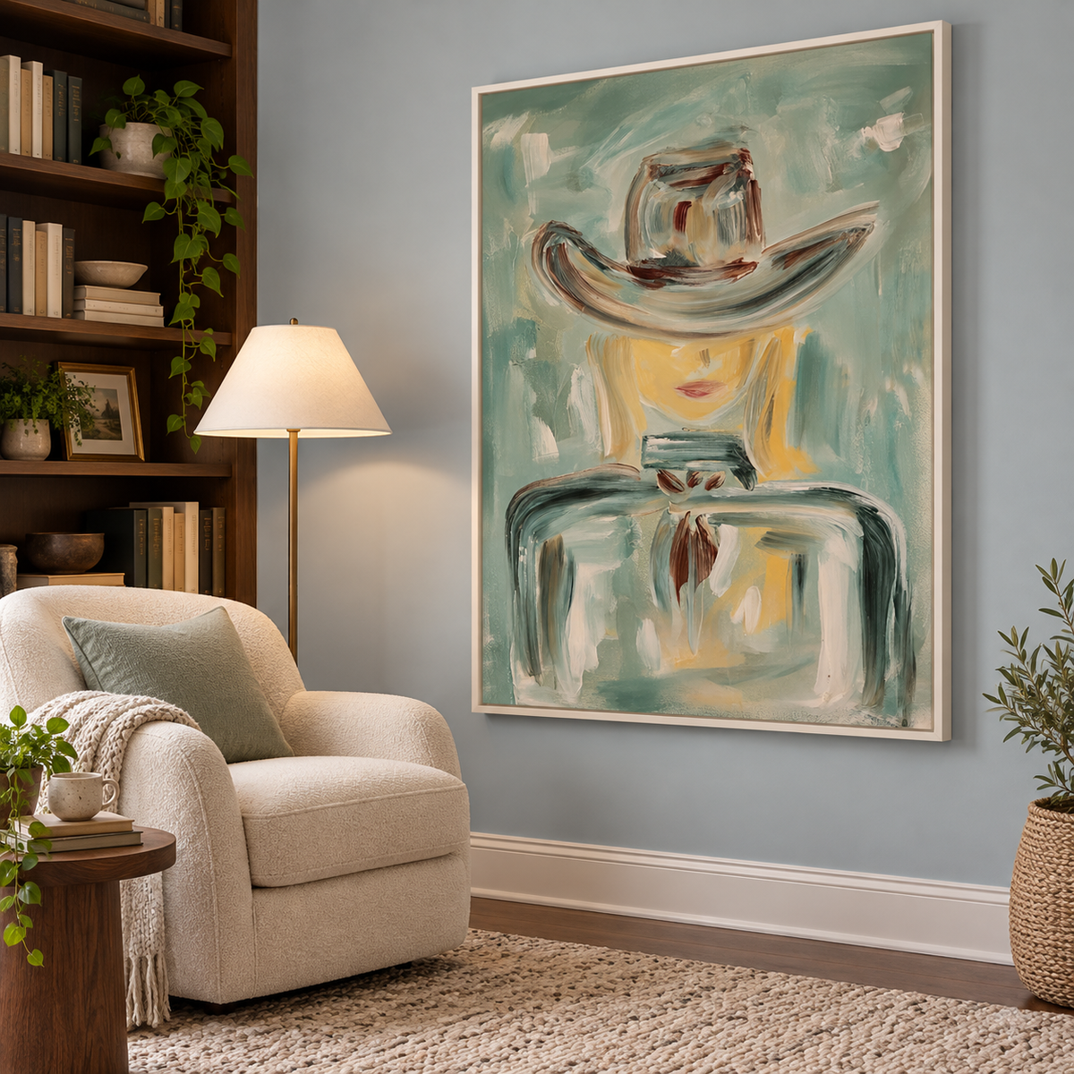 Abstract Cowboy Figure Painting In Sage Green For Modern Wall Decor