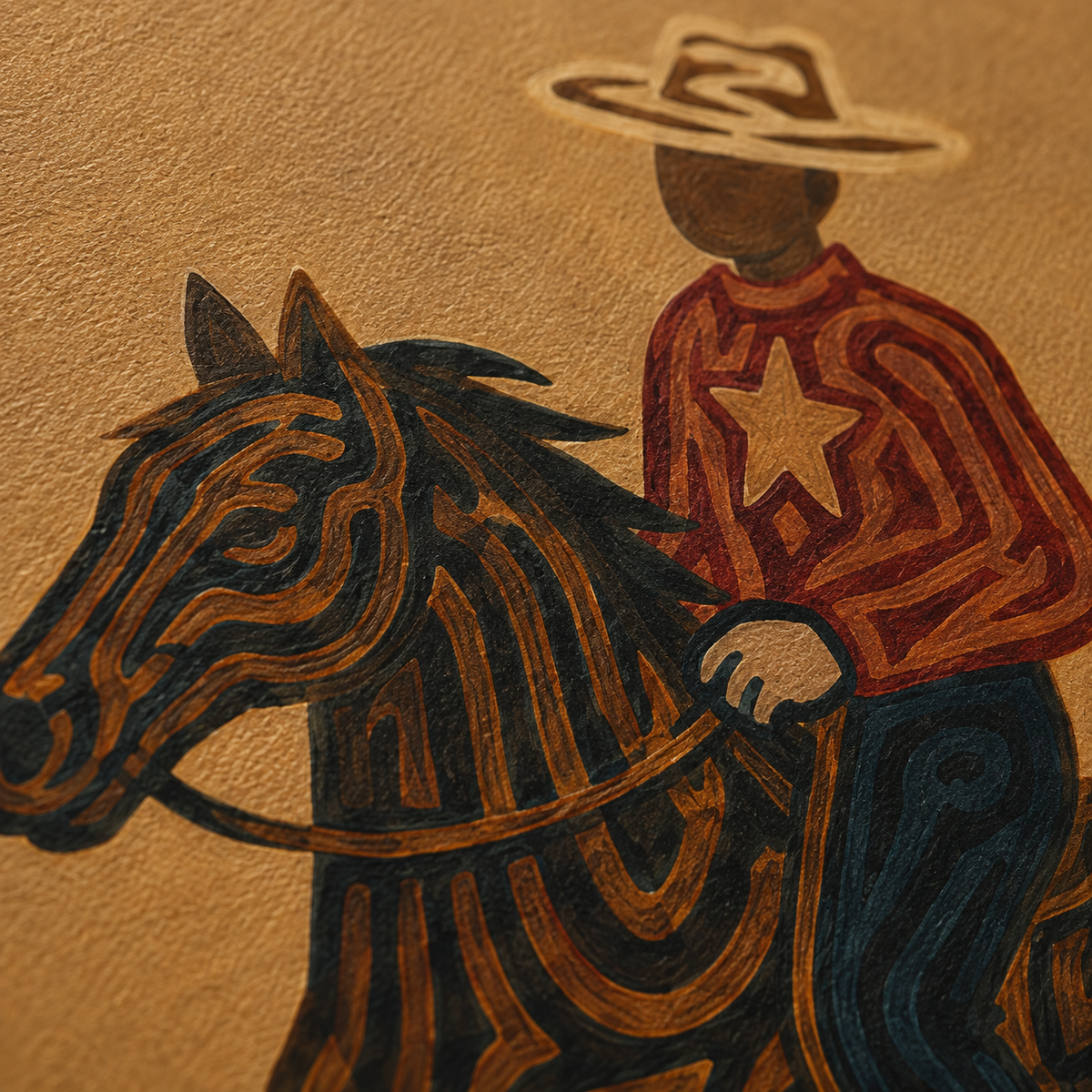 Three Cowboys Horse Painting, Western Ranch Riders, Earth Tone Southwestern Folk Art