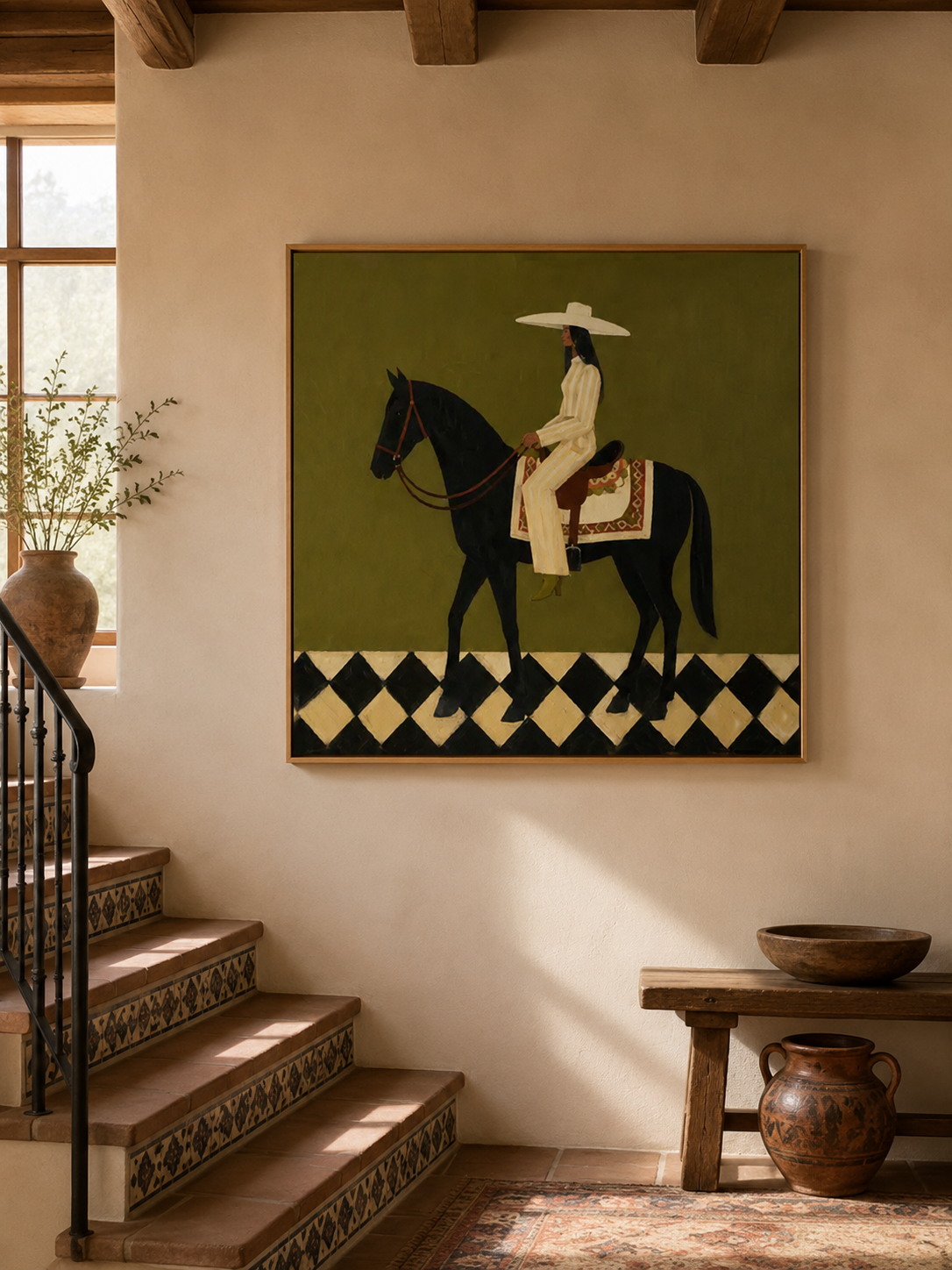 Vintage Horse And Rider Painting Sage Green Wall Art For Modern Home Decor