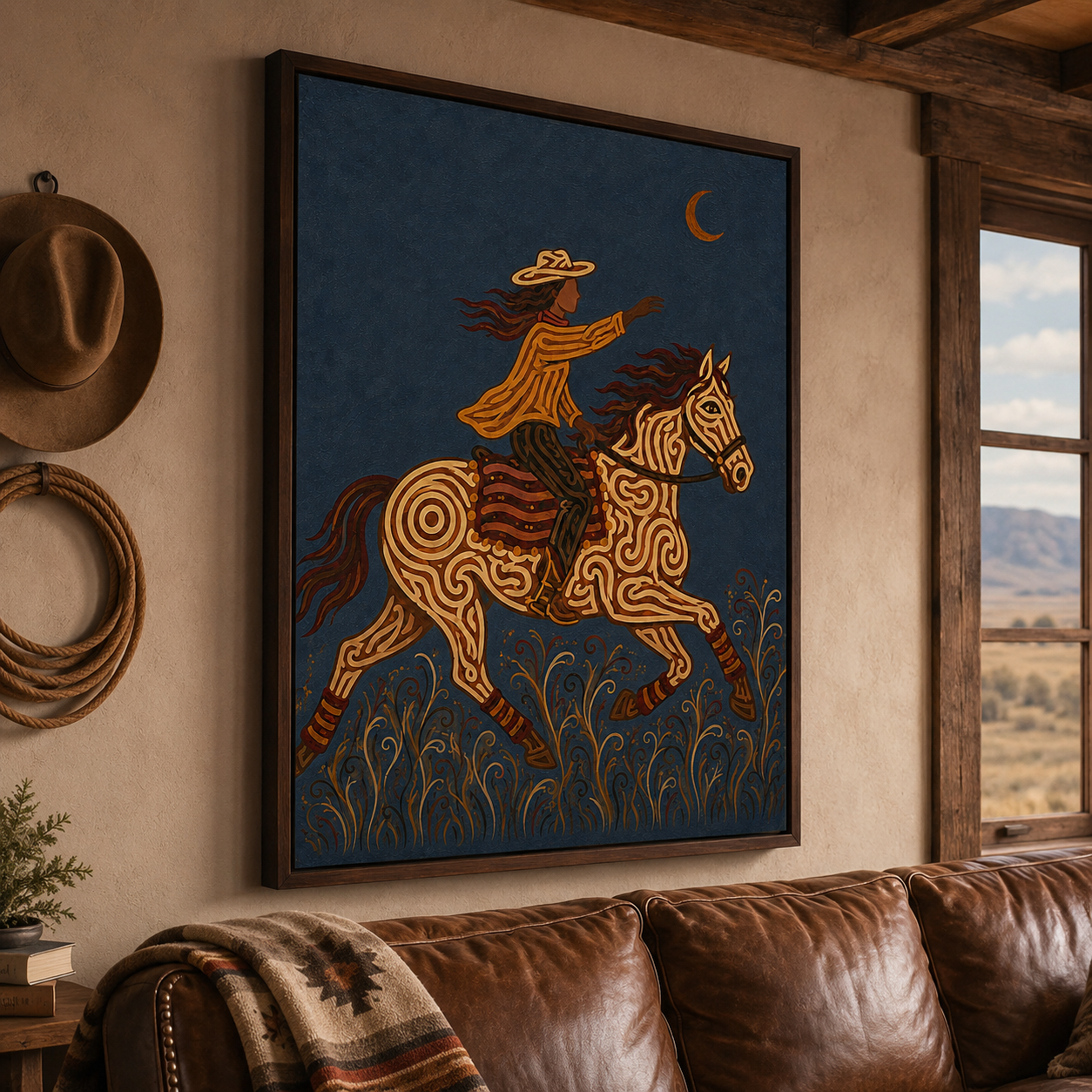 Wild West Cowboy Riding Horse Painting, Rodeo Western Wall Art, Southwestern Ranch Decor