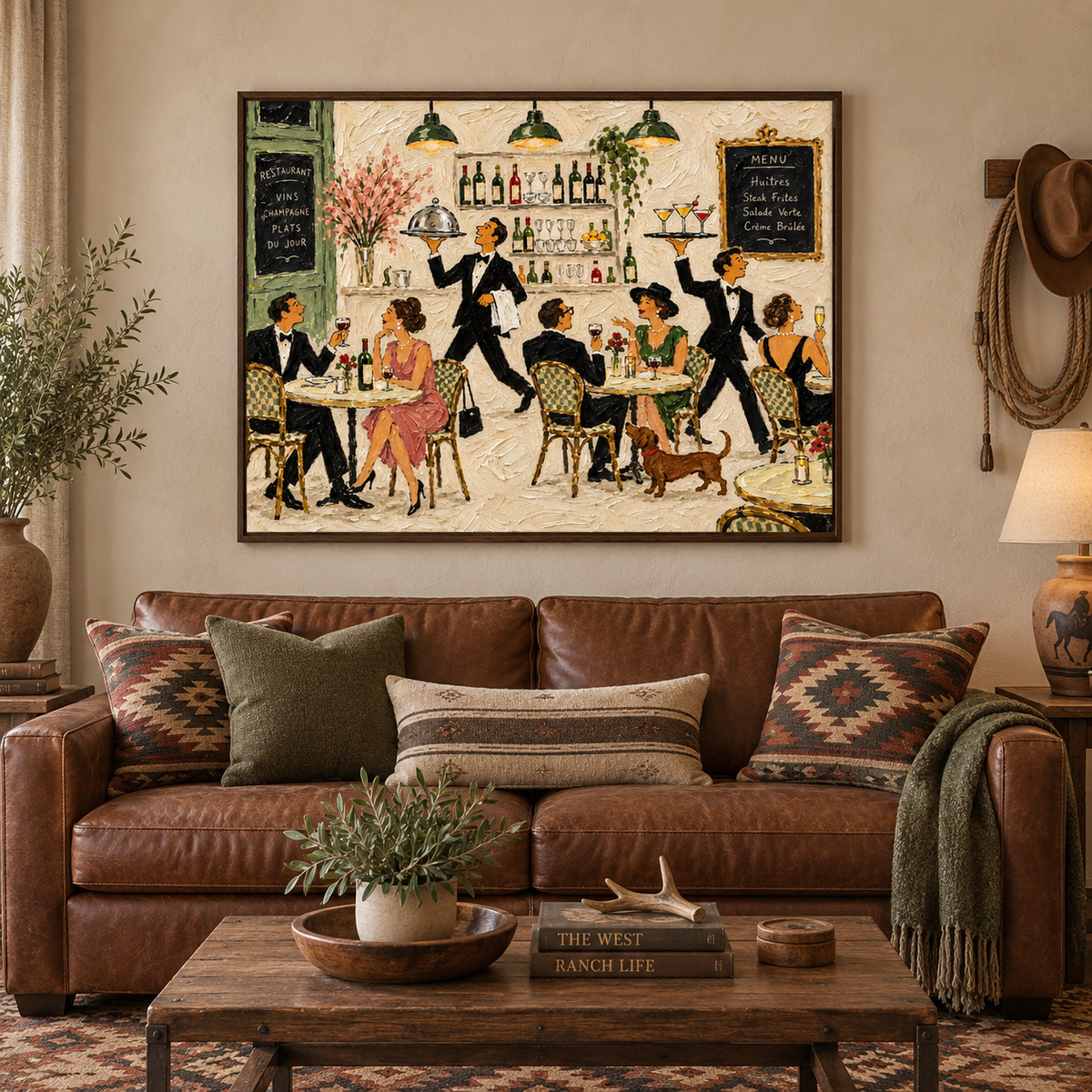 French Restaurant Wall Art, Paris Bistro Dining Scene Painting, Vintage Cafe Waiters Wine Bar Decor