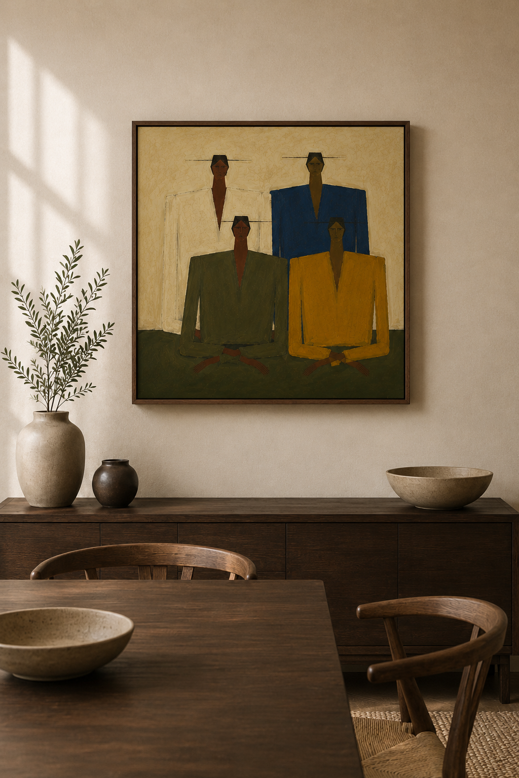Hand-Painted Minimalist Group Portrait - Large Figurative Wall Art for Modern Home