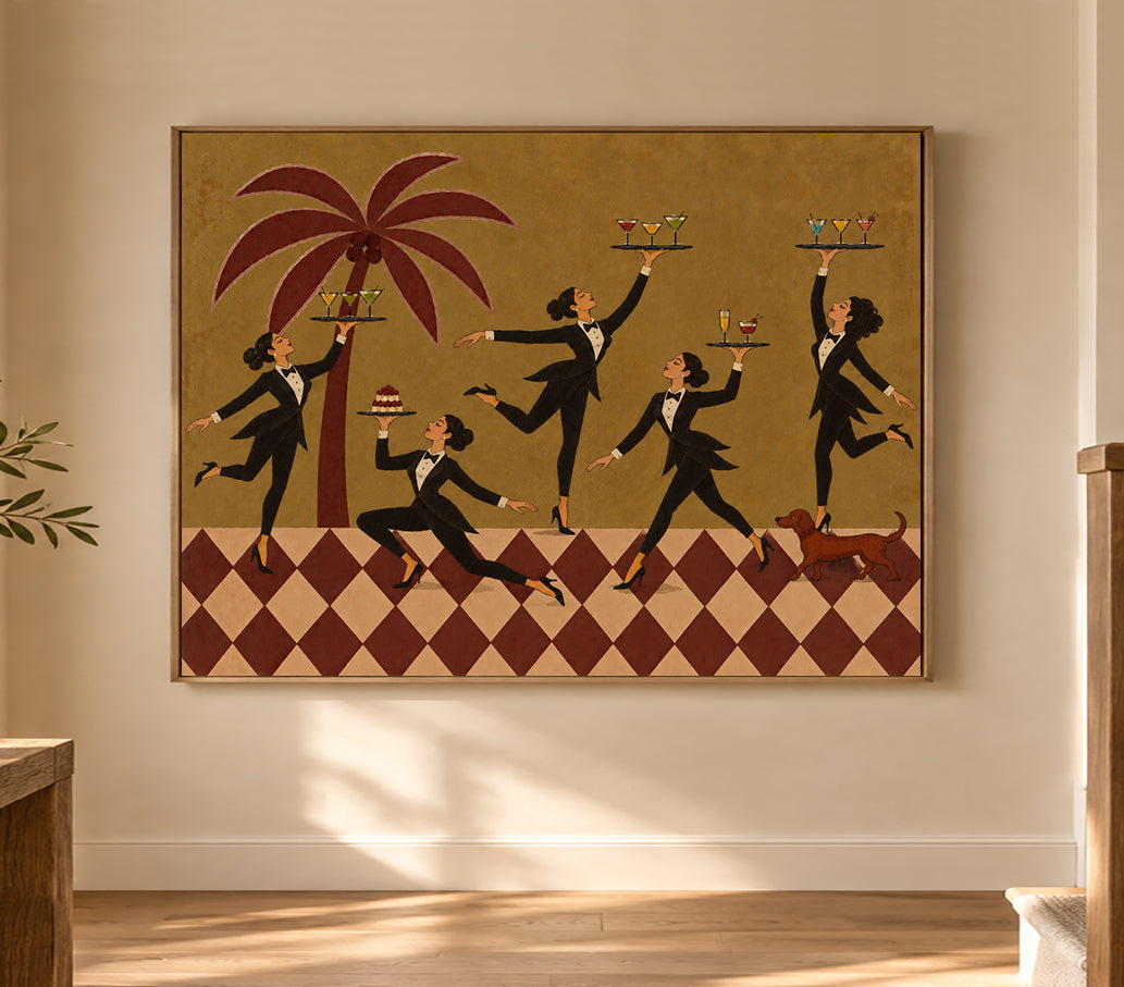 Vintage Women In Tuxedos Serving Cocktails Square Canvas Art With Red Palm Tree