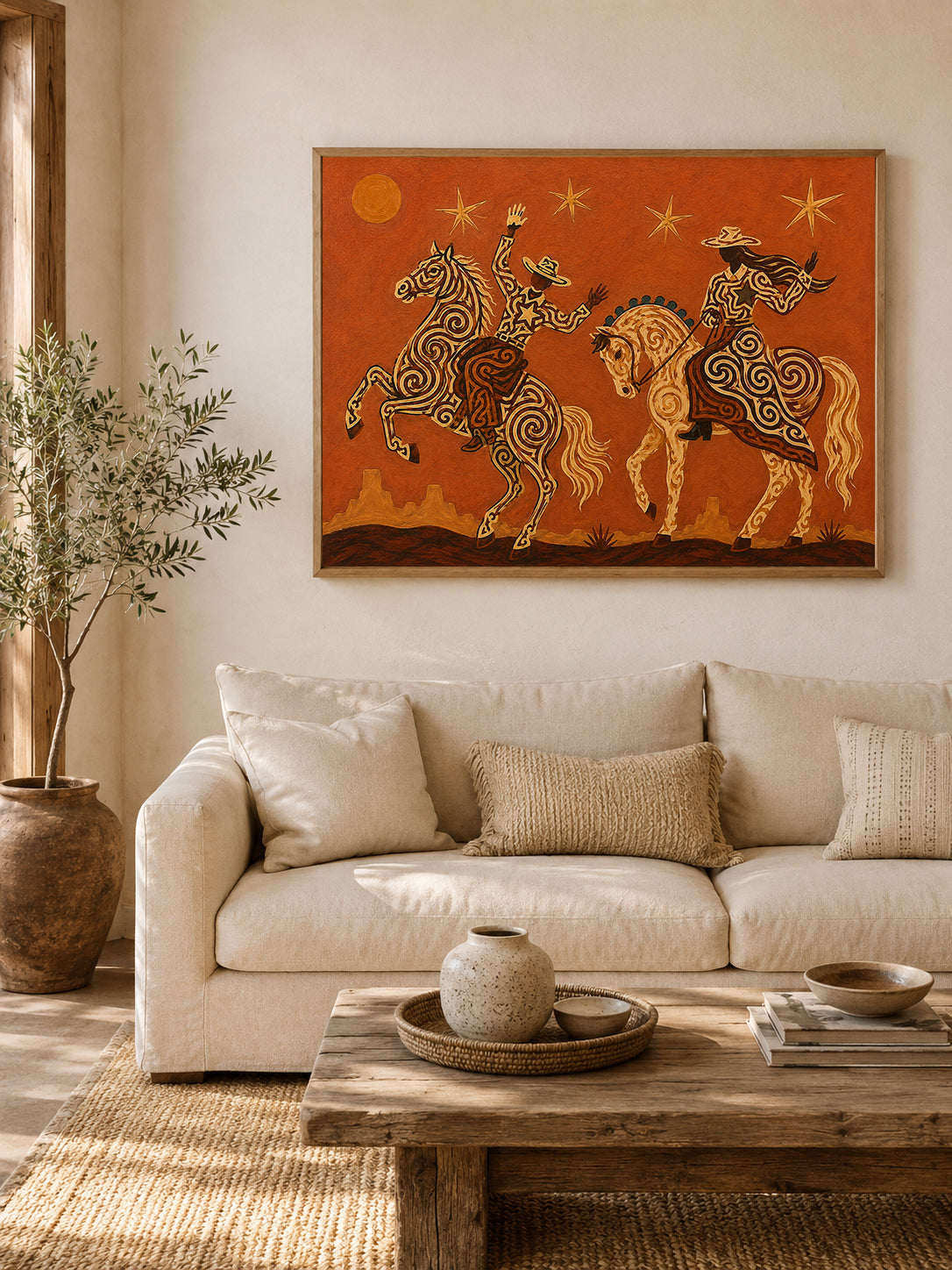 Cowboy Cowgirl Horse Painting, Orange Desert Western Folk Art, Southwestern Riders Decor