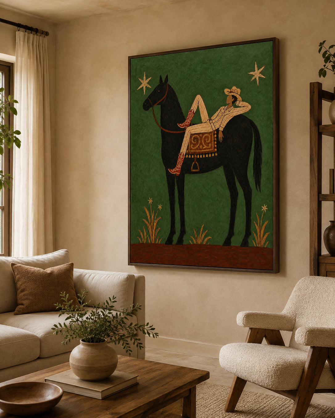 Relaxed Cowboy On Black Horse Canvas Art, Starry Night Western Wall Decor Green Background Fine Art