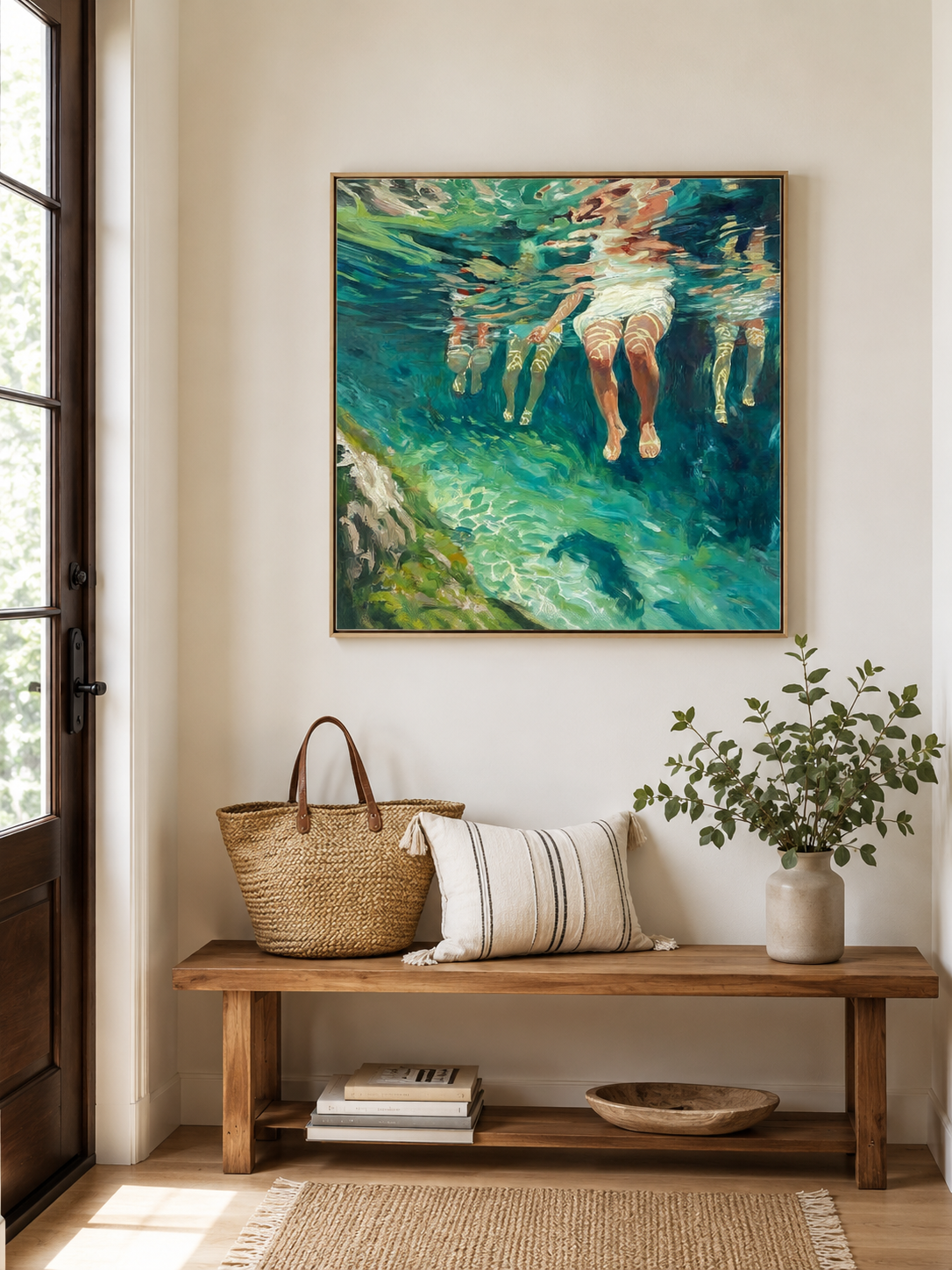 Summer Swimming Oil Painting For Beach House Living Room Wall Decor Art