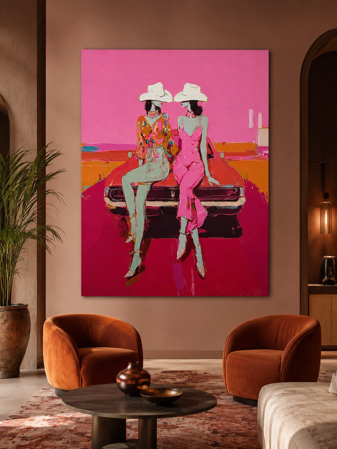 Vibrant Pop Art Painting Of Women In Cowboy Hats With Classic Car For Modern Living Room Wall Decor