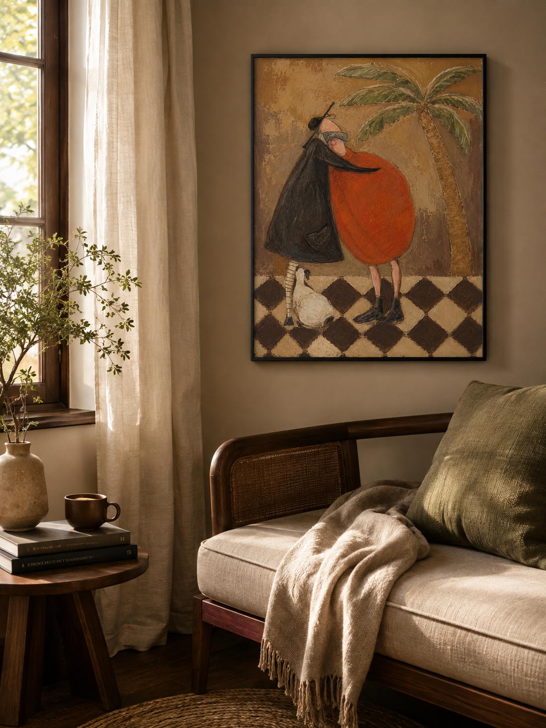 Vintage Tropical Wall Art With Two Figures In Brown Tones For Modern Living Room Decor