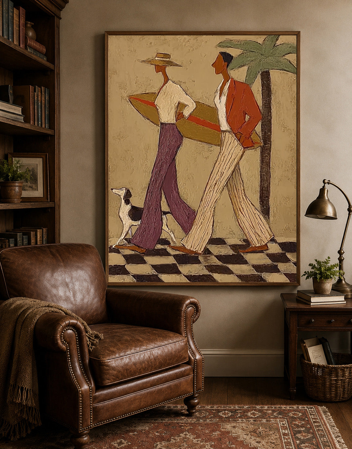 Retro Coastal Couple With Surfboard Canvas Art, Checkered Floor Palm Tree Wall Decor, Vintage Surfing Dog Painting