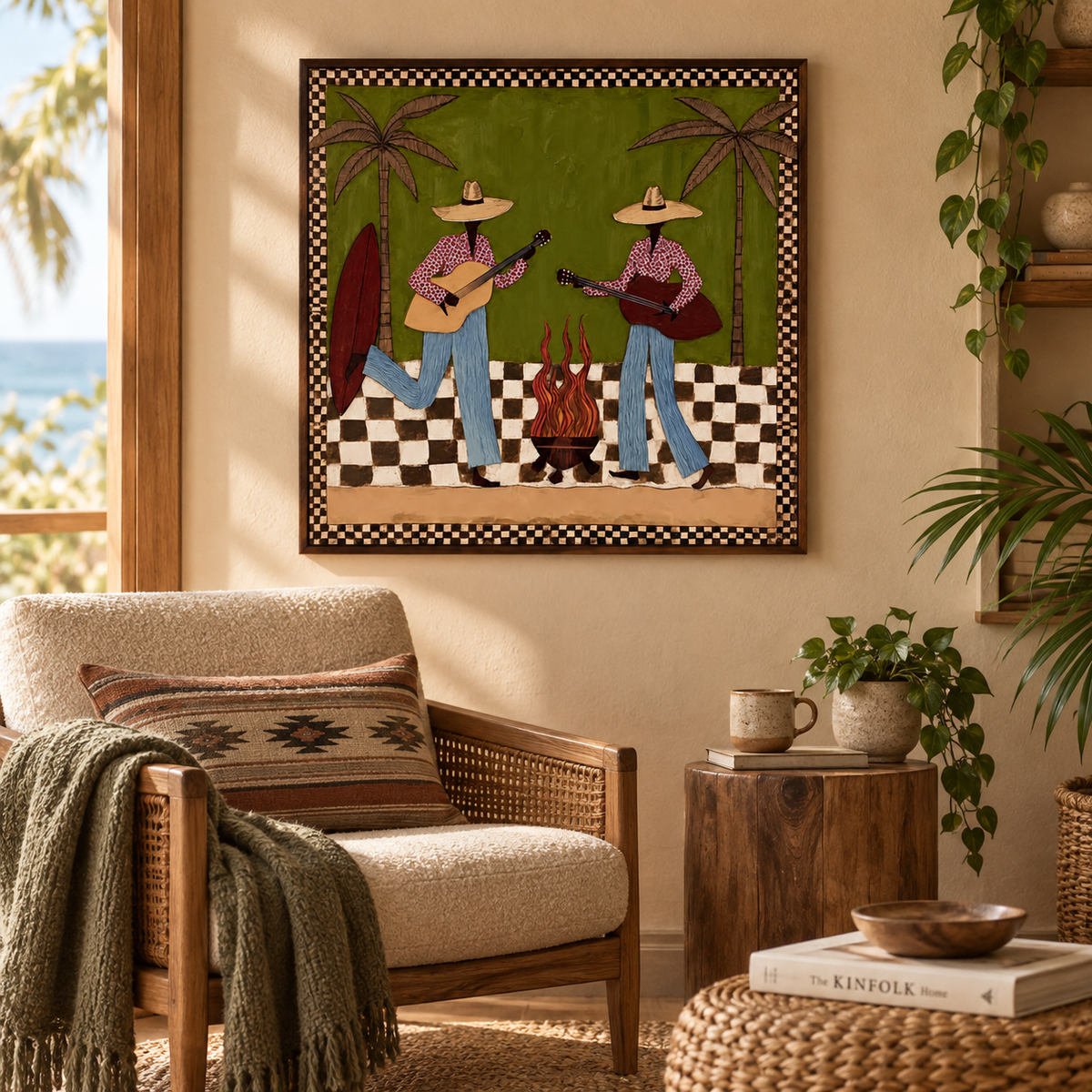 Cowgirl Guitar Painting, Retro Western Music Wall Art With Palm Trees, Olive Green Southwest Decor