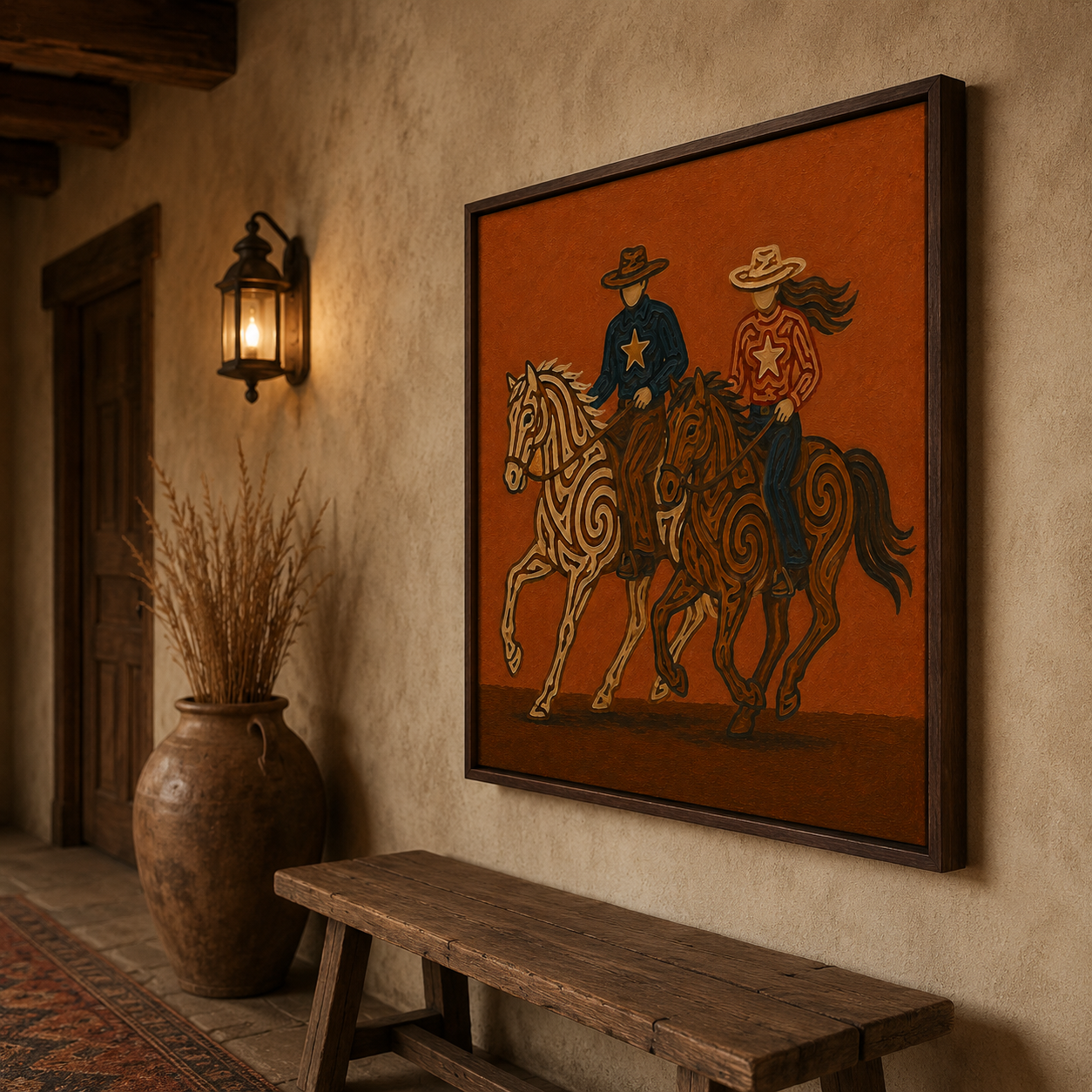Two Cowboys Horses Art, Cowboy And Cowgirl Wall Decor, Dynamic Ranch Horses Canvas