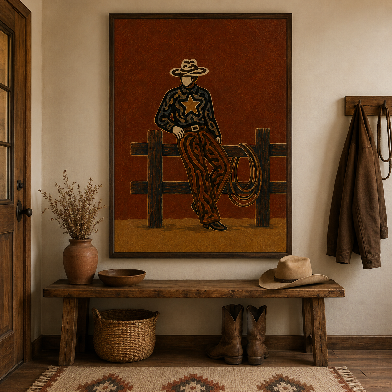 Vintage Cowboy Painting, Western Ranch Wall Art, Rustic Southwestern Rodeo Home Decor