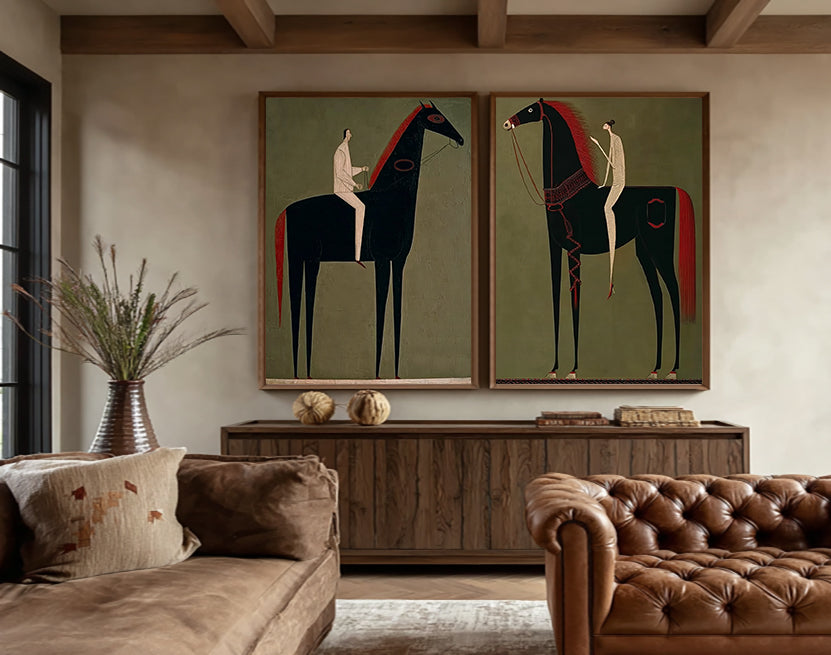 Modern Equestrian Art Set Of Two Black Horse Paintings For Living Room Decor