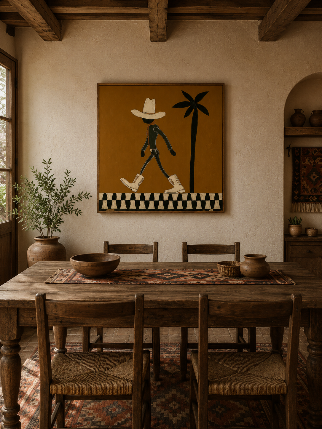 Vintage Cowboy Art With Palm Tree Minimalist Square Painting For Retro Home Decor