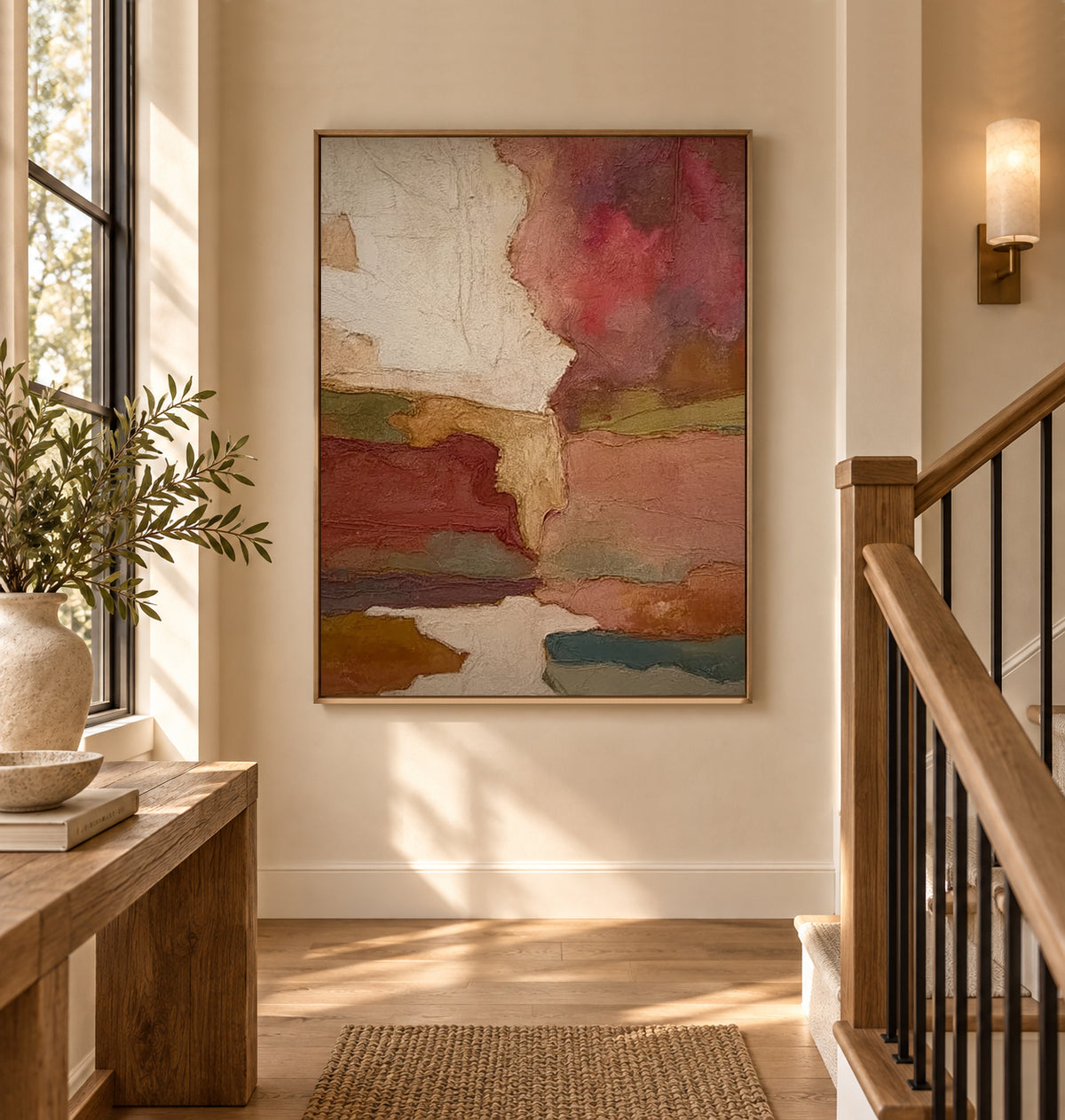 Earth Tone Art Vintage Terracotta Abstract Landscape Painting | Cream & Olive Organic Wall Art
