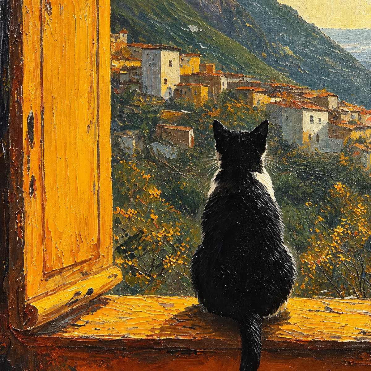 Black Cat Art, Cat Oil Painting, Window View Art, Mountain Village Painting, Cozy Home Decor