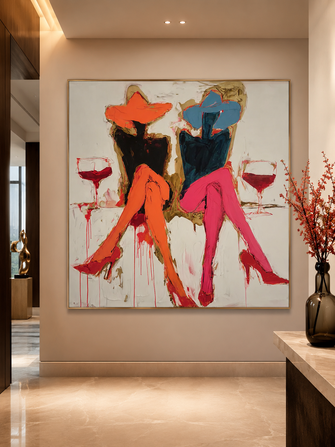 Stylish Fashion Girl Oil Painting With Orange Pink Tones For Living Room Decor