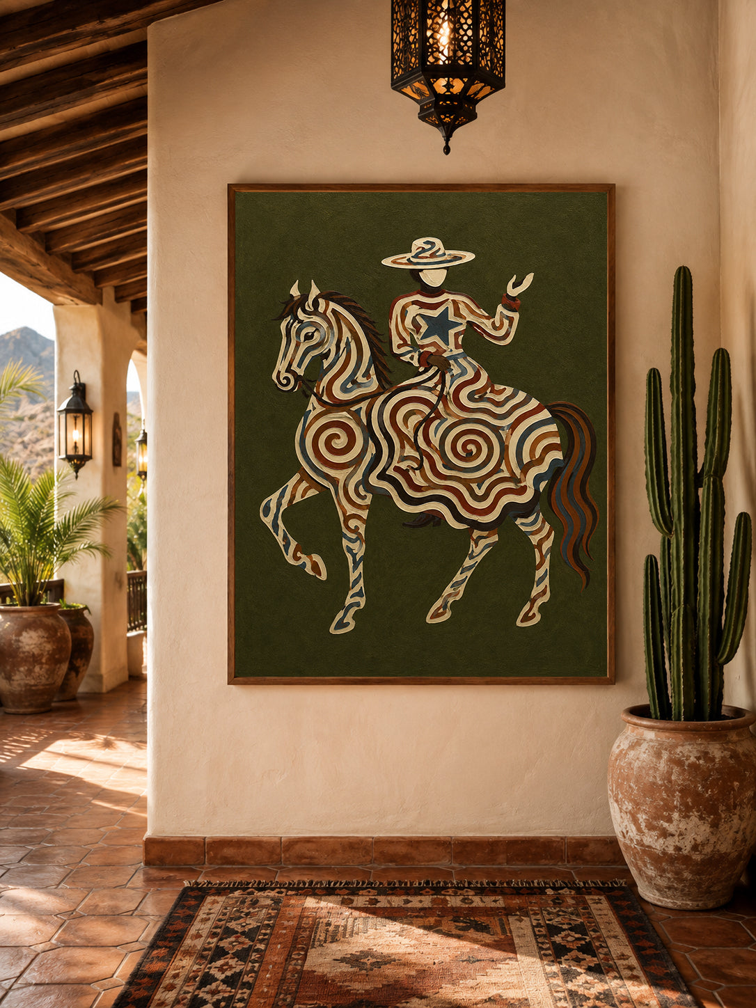 Vintage Cowgirl And Horse Painting Olive Green Wall Art For Living Room Decor