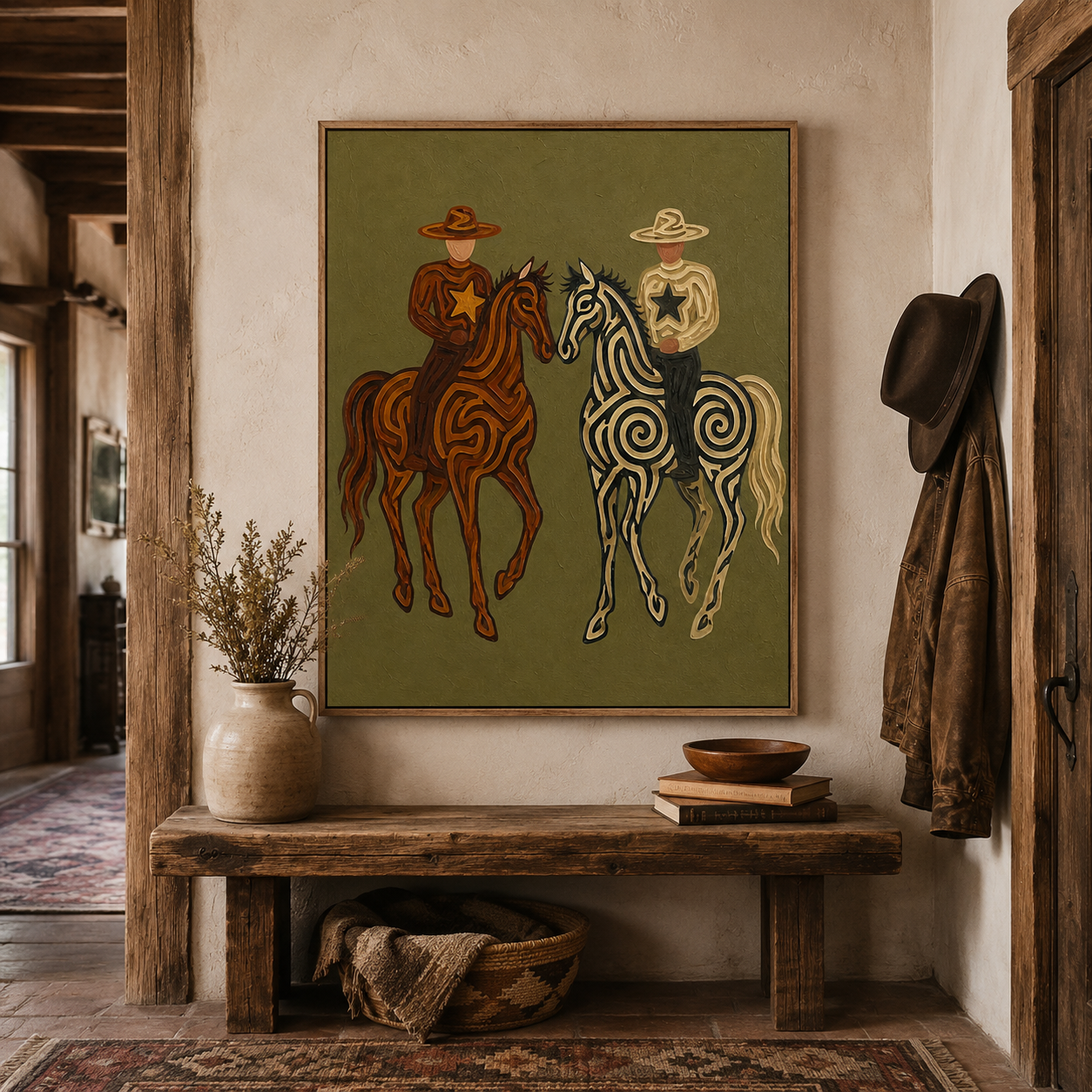 Hand-Painted Cowboy And Horse Canvas Art In Olive Green For Vintage Western Decor