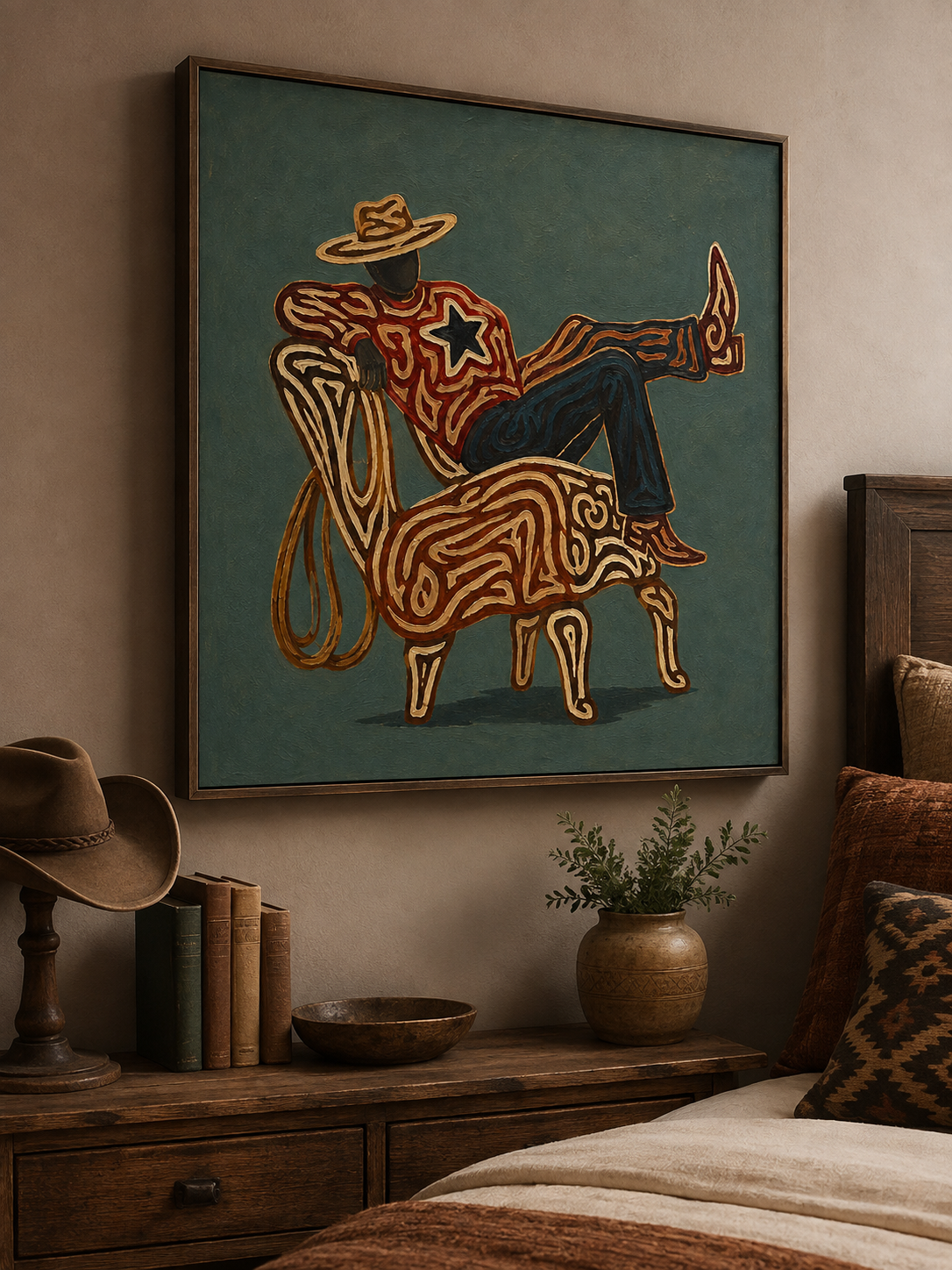 Cowboy Relaxing Art , Western Aesthetic Wall Art, Abstract Cowboy Painting, Modern Rustic Decor Canvas, Contemporary Cowboy Art