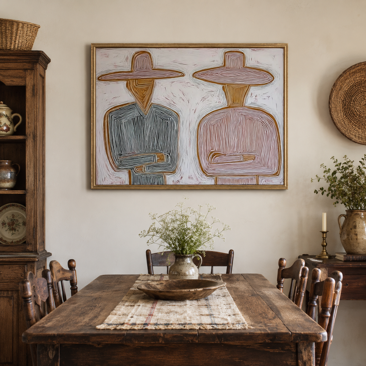 Mediterranean Minimalist Figure Painting With Earthy Tones For Modern Living Room Wall Art