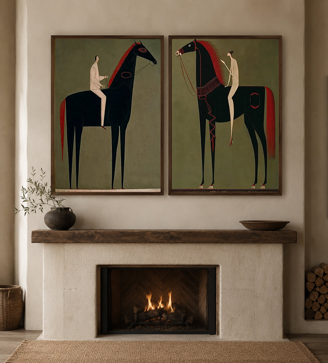 Modern Equestrian Art Set Of Two Black Horse Paintings For Living Room Decor