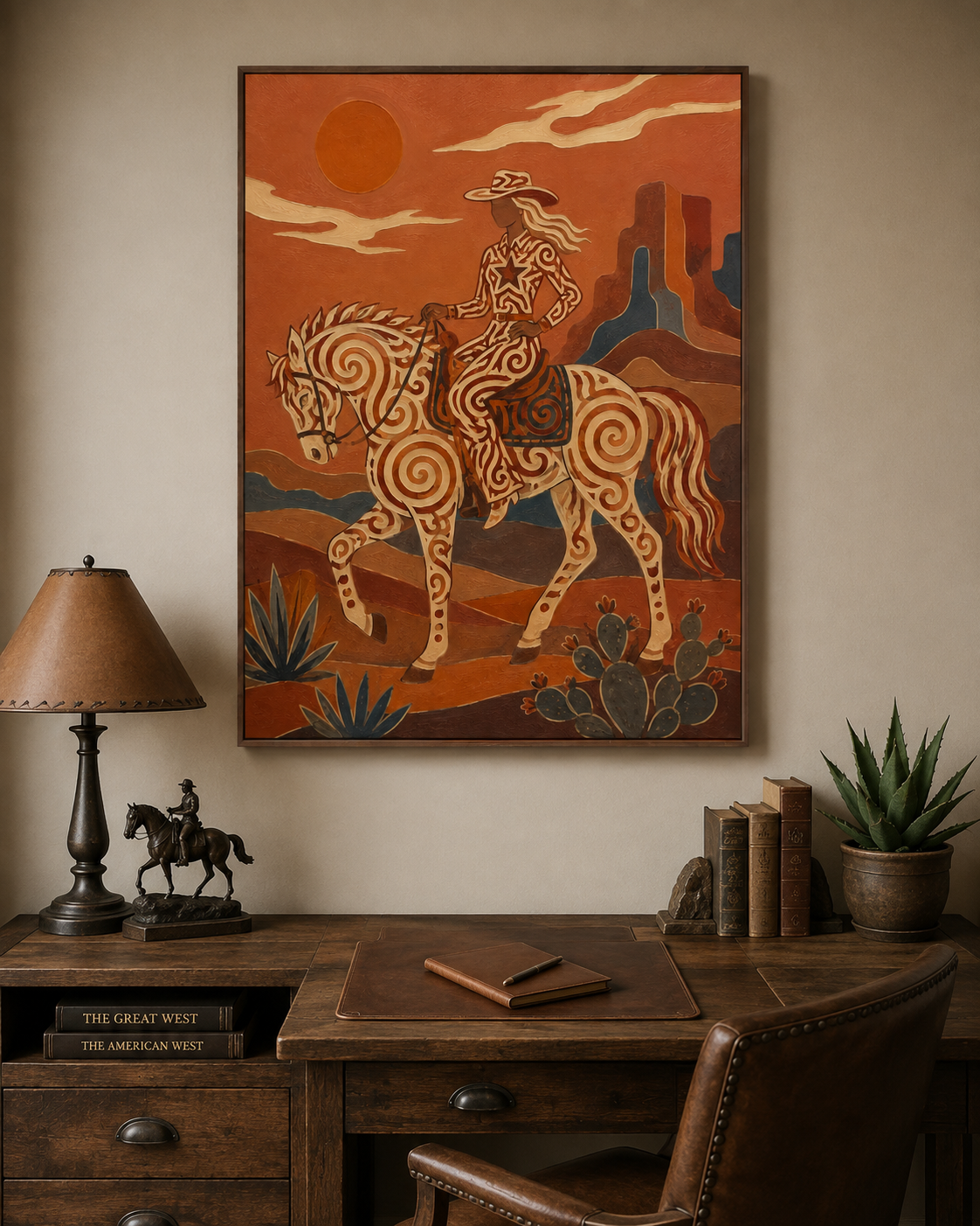Southwestern Cowgirl Painting, Desert Horse, Canyon Folk Wall Art, Rustic Ranch Decor