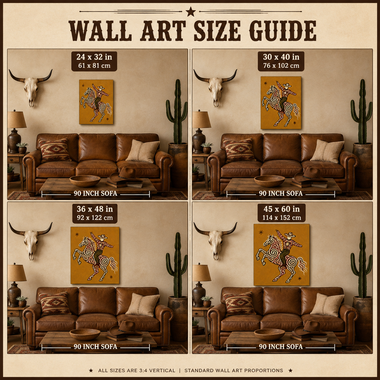 Vintage Western Wall Art, Ochre Cowboy Painting, Wild West Decor, Impasto Texture Canvas Art