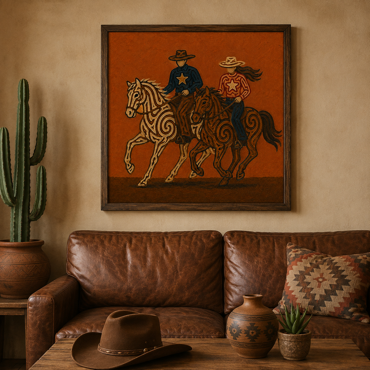 Two Cowboys Horses Art, Cowboy And Cowgirl Wall Decor, Dynamic Ranch Horses Canvas